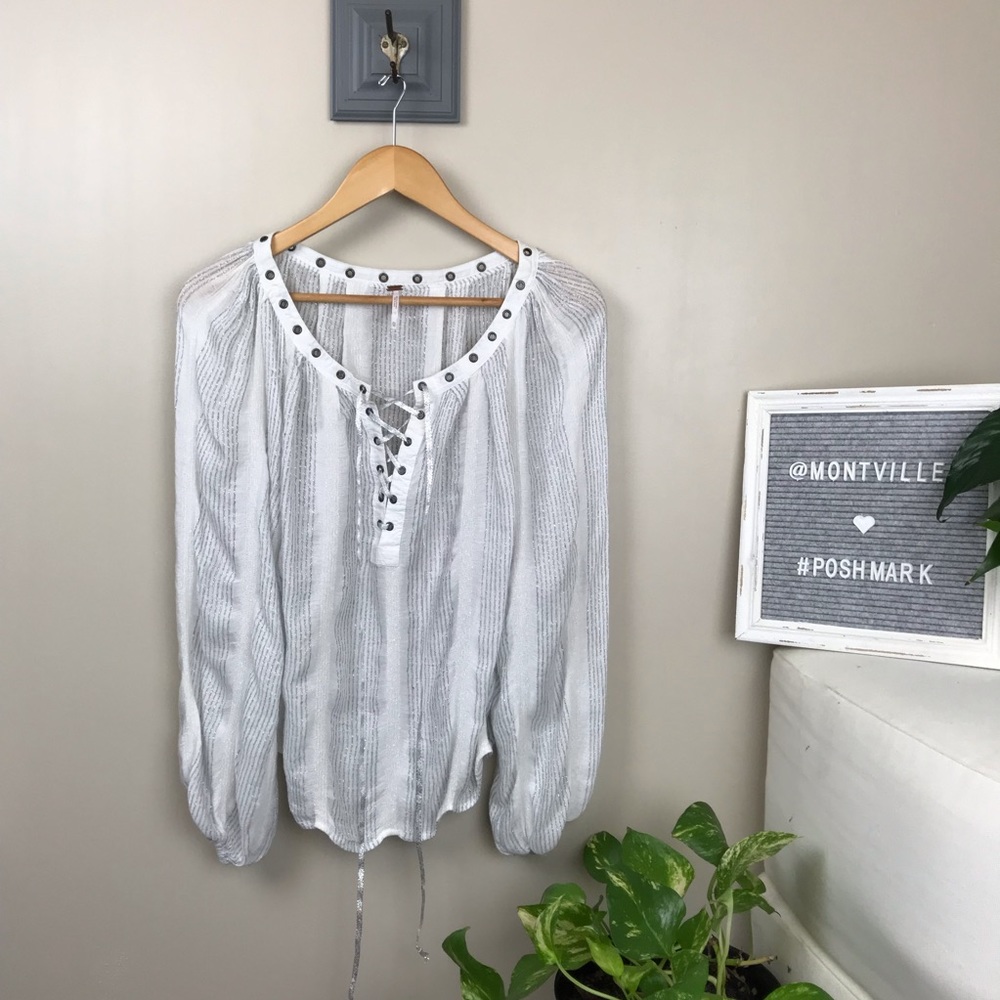 Free People Sheer White & Silver XS Blouse